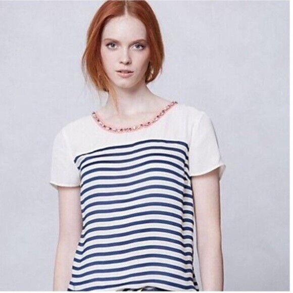Anthropologie | Maeve Jewel Collar Women SM White Red Striped Top Short Sleeve - Picture 2 of 10